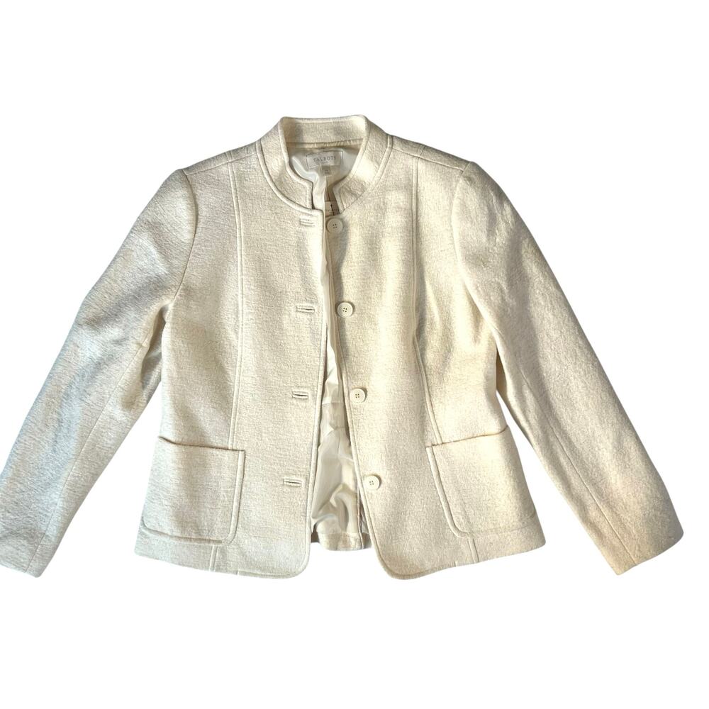 Talbots Womens 12 Textured Winter White Jacket Mandarin Collar Lined Blazer